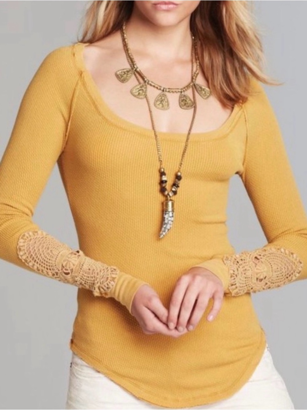 357. Free People Synergy Cuff Thermal waffle-knit long-sleeve top